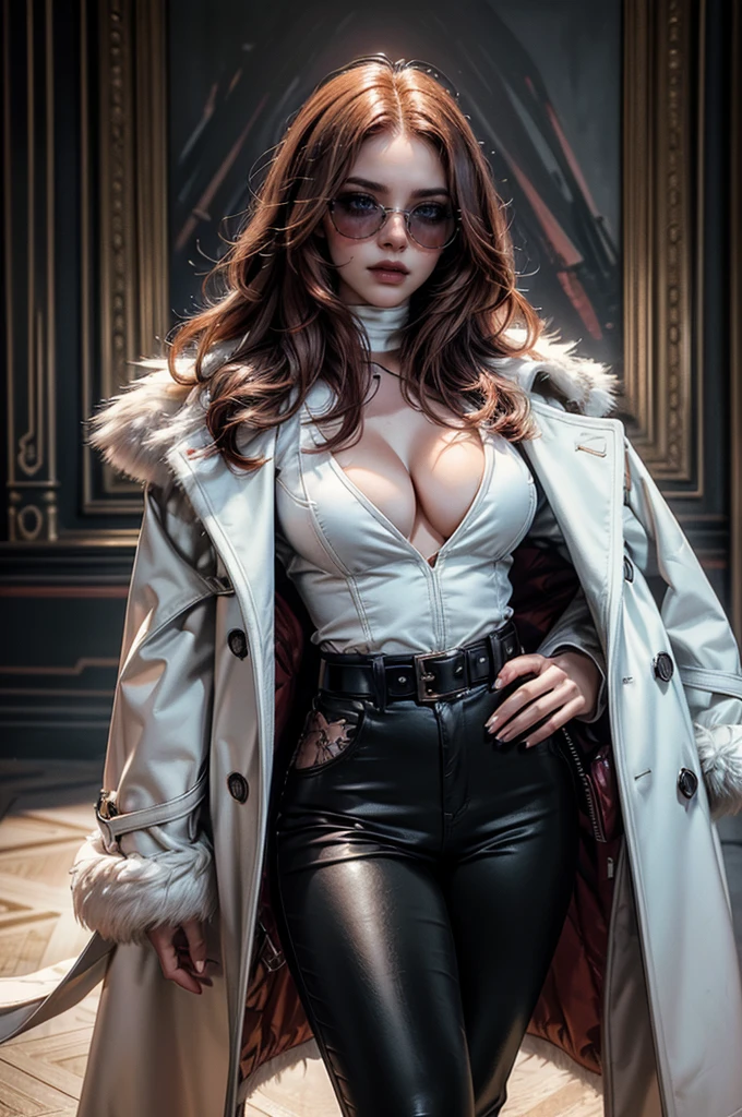 (cowboy shot), a beautiful young woman with long red hair, lora_Emma, ((black high waist leather pants)), ((formal white top with cleavage)), waist belt, ((a white fur coat)), reflective silk scarf, (red shaded sunglasses), standing outside, (best quality,4k,8k,highres,masterpiece:1.2),ultra-detailed,(realistic,photorealistic,photo-realistic:1.37),detailed face, detailed eyes, detailed lips, long eyelashes, beauty, fashion, portrait, glamorous, elegant, studio lighting, dramatic lighting, high contrast, vivid colors, cinematic, ((coat on shoulders)), xuer white fur coat