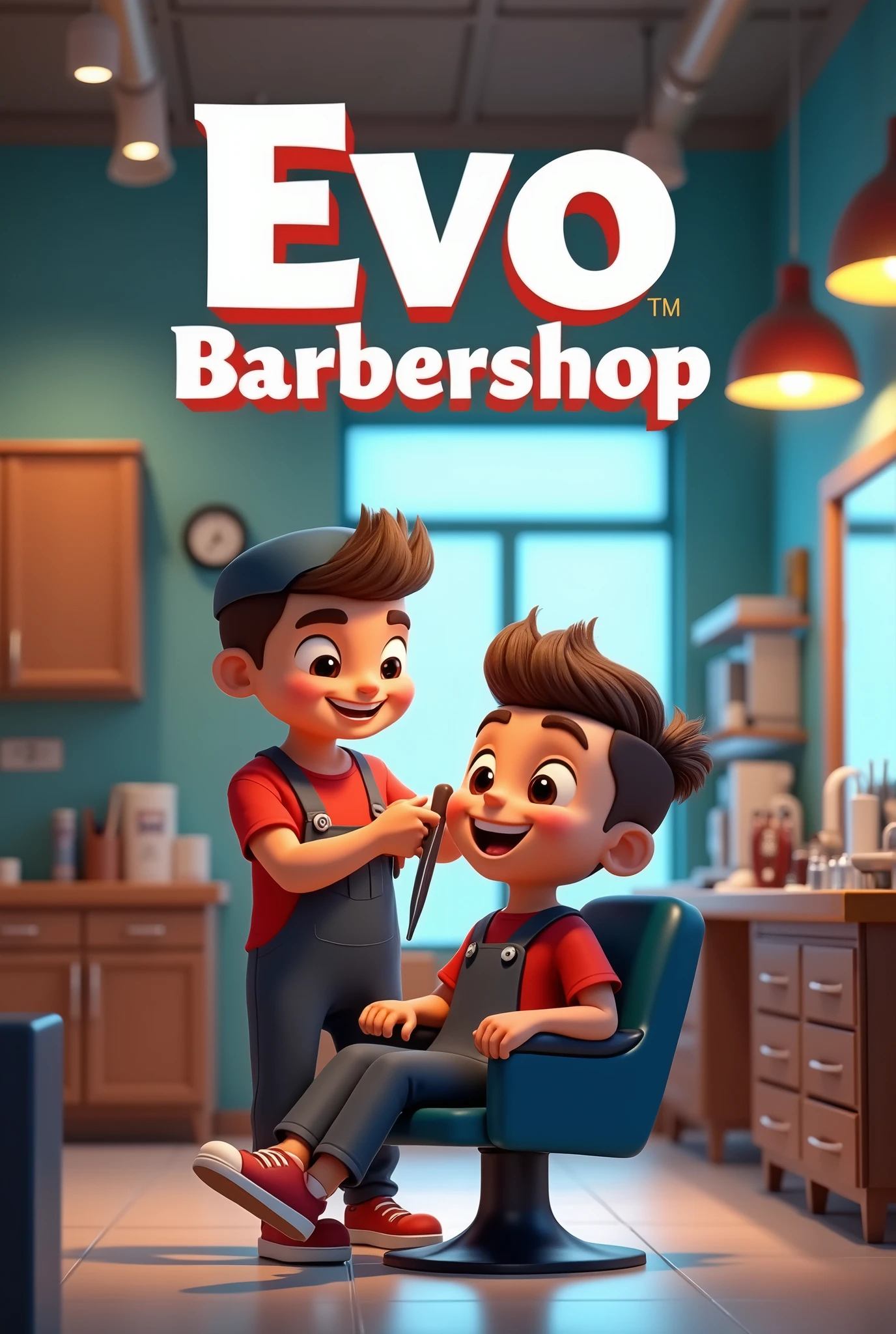 Disney Pixar that says "EVO barbershop", a capster cutting costumer hair, happy face, with the background of barbershop room, modern and clean, very realistic, Pixar style, typography, poster, 3d rendering