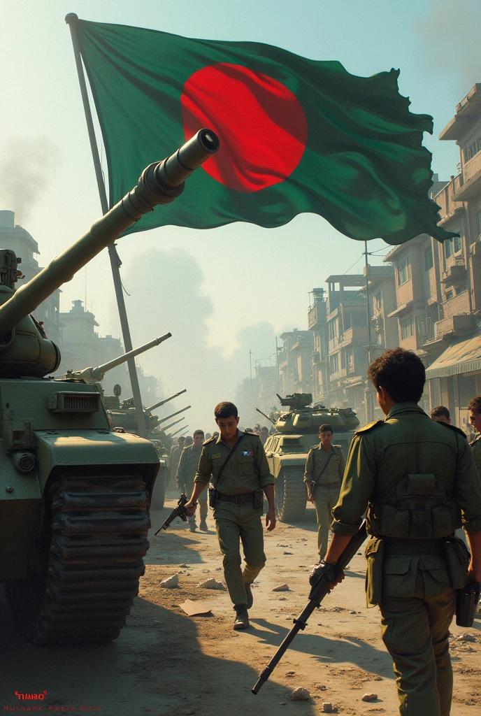 Bangladeshi people and students in the war with gun and tank with Bangladeshi flag