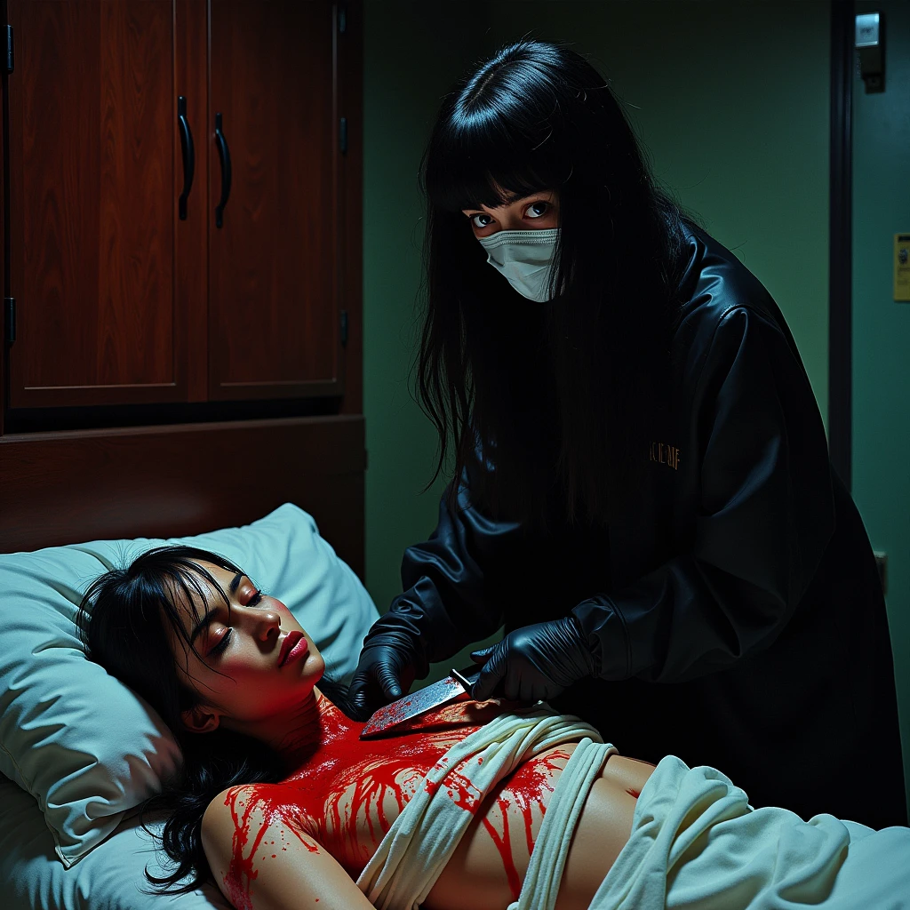 masterpiece), (best quality), (ultra detailed),(disheveled hair),(illustration),(high saturation),(colorful splashes), Italian girl, black gloves, surgical mask, holding knife, stabbing, blood, dark room , black raincoat, holding knife, behind , blood splatter, victim in bondage, long bangs, bed room, black wet suit, night, serial murderer, killer, dark atmosphere, Giallo film, Dario Argento, David Lynch, cinematic lighting, atmospheric realistic, Fumetti book aesthetic, 70's Euro-horror comic book vibe, lurid vivd colors, HD, 8x