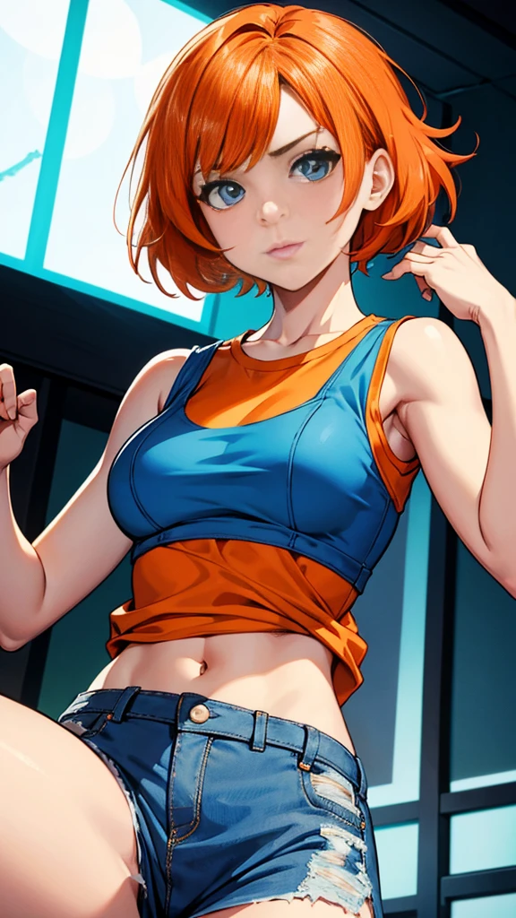 Character Gwen Tennyson girl medium breasts short orange hair, Perfect well-defined face She wears a sleeveless blue shirt, her hands up, she doesn't wear a bra, medium breasts, her shirt reaches her navel, Below she is only wearing her black underwear covered in sweat, lots of sweat in her armpits, smiling, stage in a forest , behind her a man holding her blushing waist masterpiece HD 8K resolution.