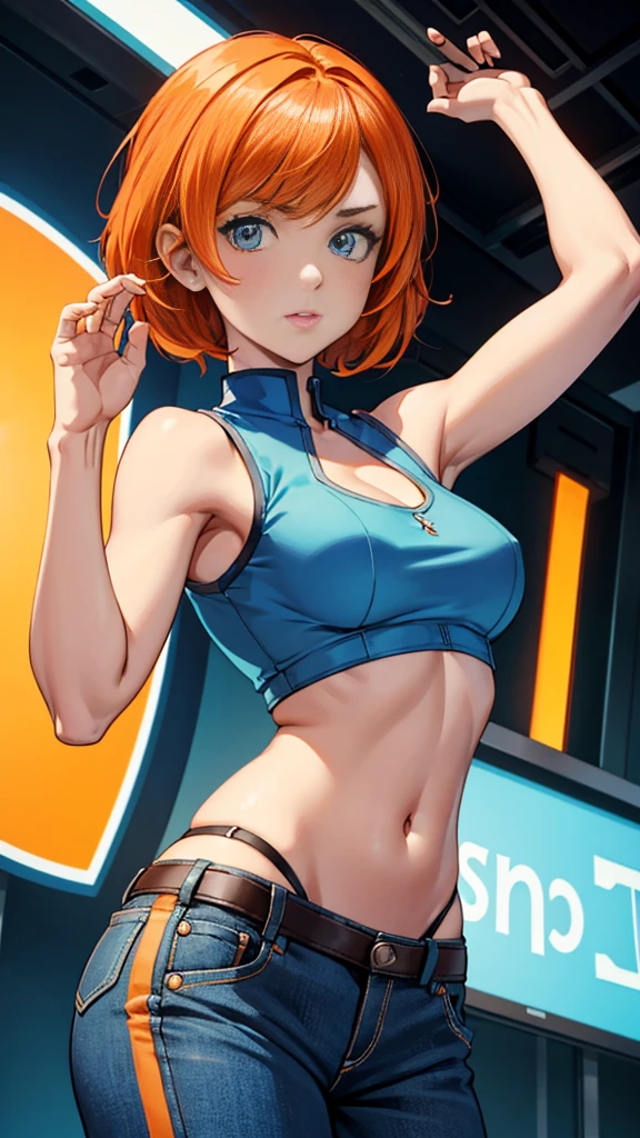 Character Gwen Tennyson girl medium breasts short orange hair, Perfect well-defined face She wears a sleeveless blue shirt, her hands up, she doesn't wear a bra, medium breasts, her shirt reaches her navel, Below she is only wearing her black underwear covered in sweat, lots of sweat in her armpits, smiling, stage in a forest , behind her a man holding her blushing waist masterpiece HD 8K resolution.