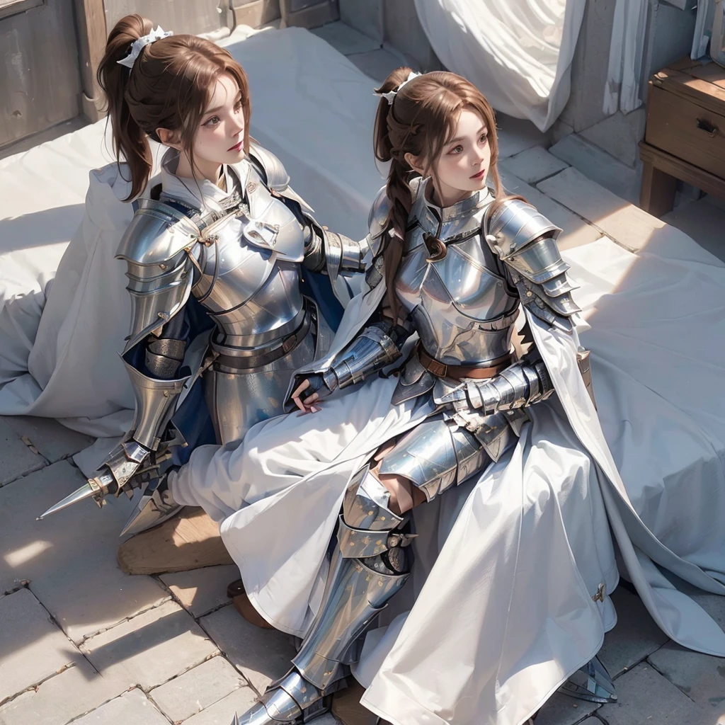 Asuna, Asuna_(Star), (1 girl,solitary) ,fantasy, high resolution, No.19,  Original, (Wear at waist:1.3), Smile, (White Knight Wizard Cloak:1.5), short hair, Medium breasts, Looking at the audience, Bangs ,Delicate hazel eyes, Beautiful background, ((morning sun,Western-style private room)), put your hands on the chest,(Brown hair,Short Ponytail:1.5), (Platinum Knight Wizard Fully Armored:1.55),short hair, Everlasting,straight on, Take it,(whole body:1.1), White,(Take it:1.4),