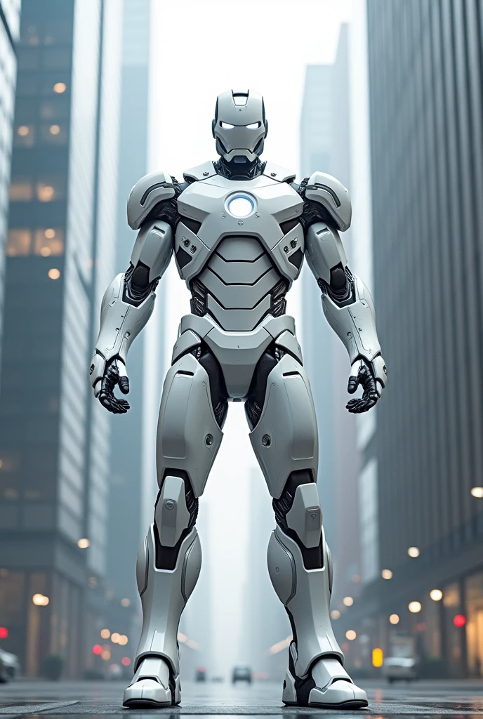 iron man with wihite colour suit standing between buildings 