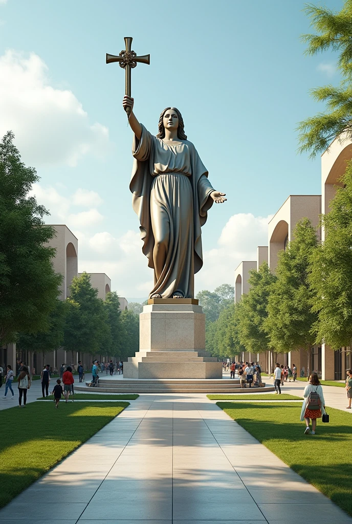 Creat a modern college campus,in this campus the middle of the road a statue is standing having cross how in his hand.