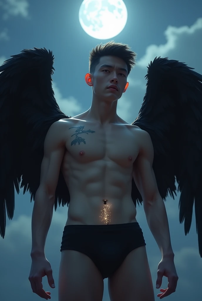 angel  boy age 16 shirtless sexy abs plumpy lips, sexiext Nipples with 4 cm diameter ,with a led tattoo at the belly, with 4 big black wings,White skin,hunter eyes, White Gradation silver,Wearing a plain white skirt, In The Night Skies Illuminated by the light of the Moon 