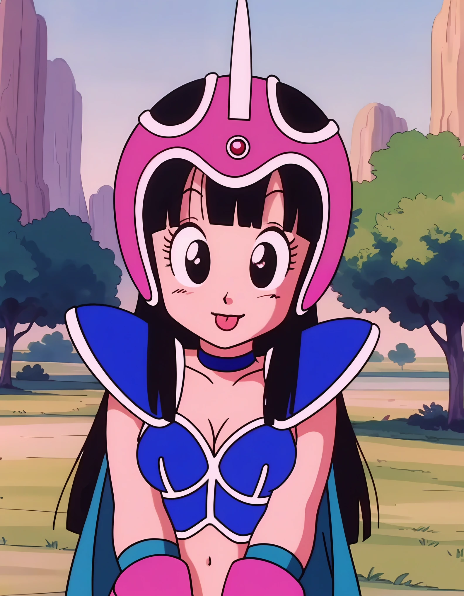 source_anime, score_9, score_8_up, score_7_up, anime screencap,8k, absurdres,
chi-chi, aged down, blue outfit, female , 1girl, long hair, smile, bangs, spittle, heart eyes, black hair, collarbone, upper body, outdoors, pink headwear, blunt bangs, black eyes, helmet, shoulder armor, pauldrons, blue choker, medium ass, medium breasts, tits, tongue out, full body