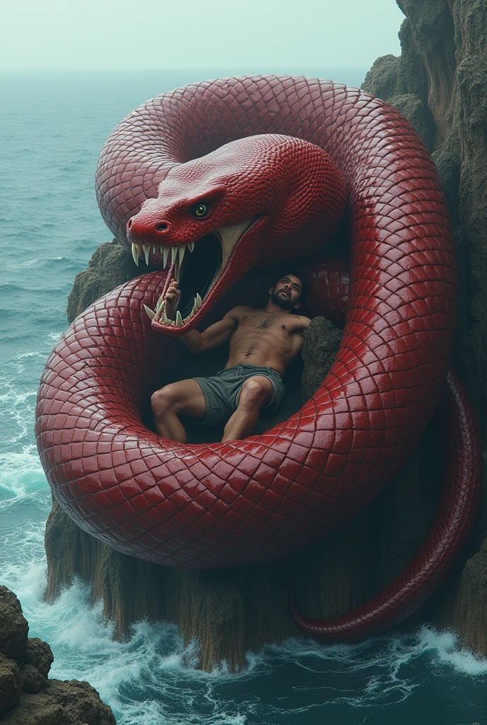 A man sitting and red anaconda is around him on whole body of man and trying to eat him. On a small rock in ocean