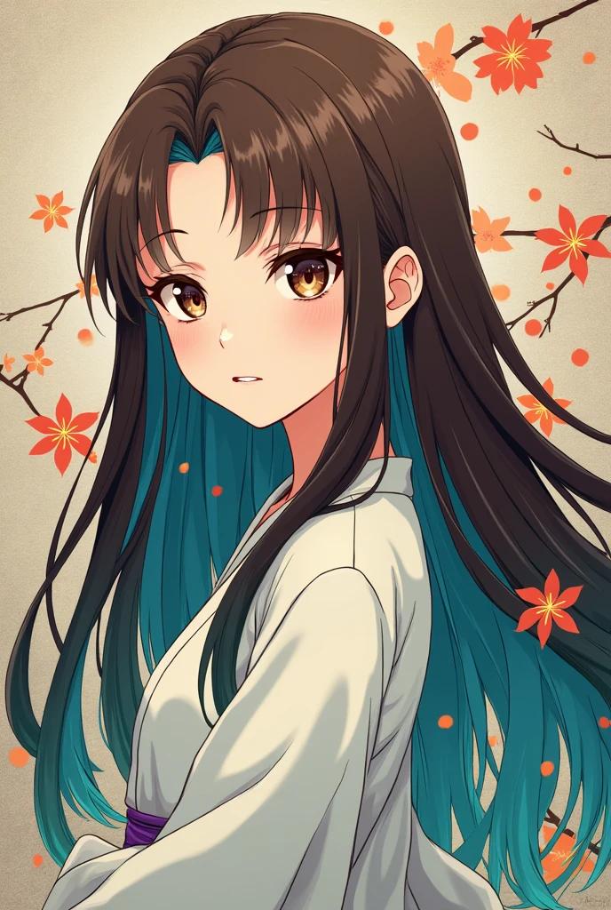 Create a Kimetsu no Yaiba style image of a girl with brown hair, long and the tips are blue