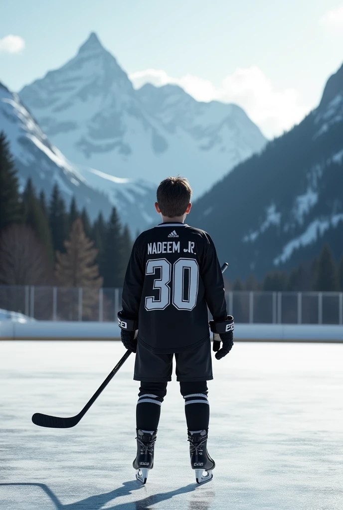 A single boy stand in ice hockey rink wearing black gersy no. 30 named Nadeem jr showing his back holding a single ccm stick background mountain
