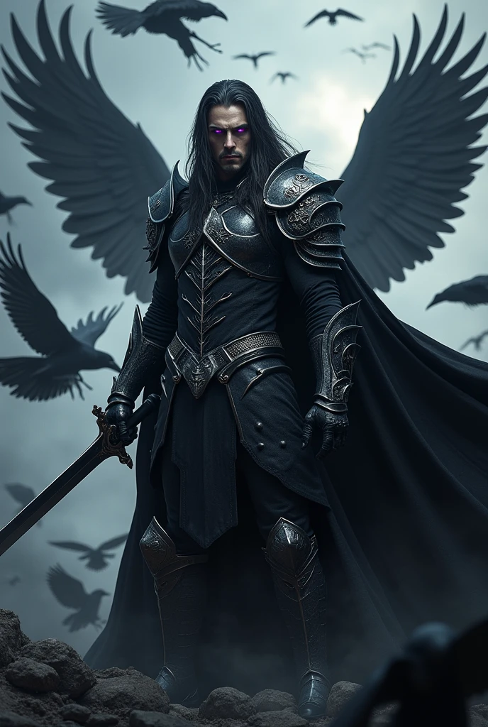 Dark hair, black armour with a cape and silver accents, purple eyes, black sword, surrounded by ravens