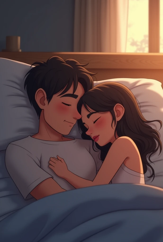 New couple sleeping on bed .Animation form