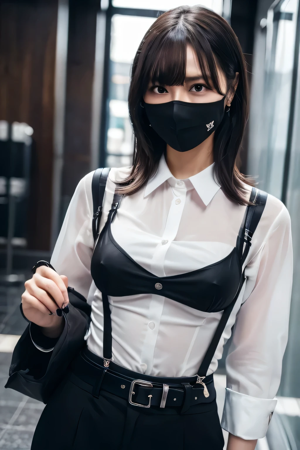 a woman in a suit, belt, hands behind back, sweating, suspenders, black pants, sexly, large breasts, see-through clothing, rain, detective, office worker, white button-up shirt, (best quality,4K,8k,highres,masterpiece:1.2),ultra-detailed,(realistic,photorealistic,photo-realistic:1.37),hyper-detailed,highly detailed face and body, Slender thin suspenders Moderate breasts See-through shirt Nipples holster chain Pistol Armament criminal Female criminal knife black mask sweat sweating See-through clothing