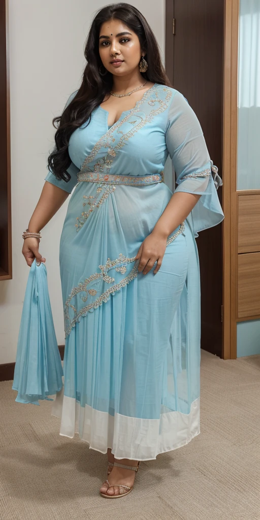 Day scene, A radiant, full-figured South Indian 3 aunty a light blue colour chiffon fully transparent kurta, bra visible through kurta, ,standing, in a office captured in a full-body image with vibrant hues and meticulous details. Full body image