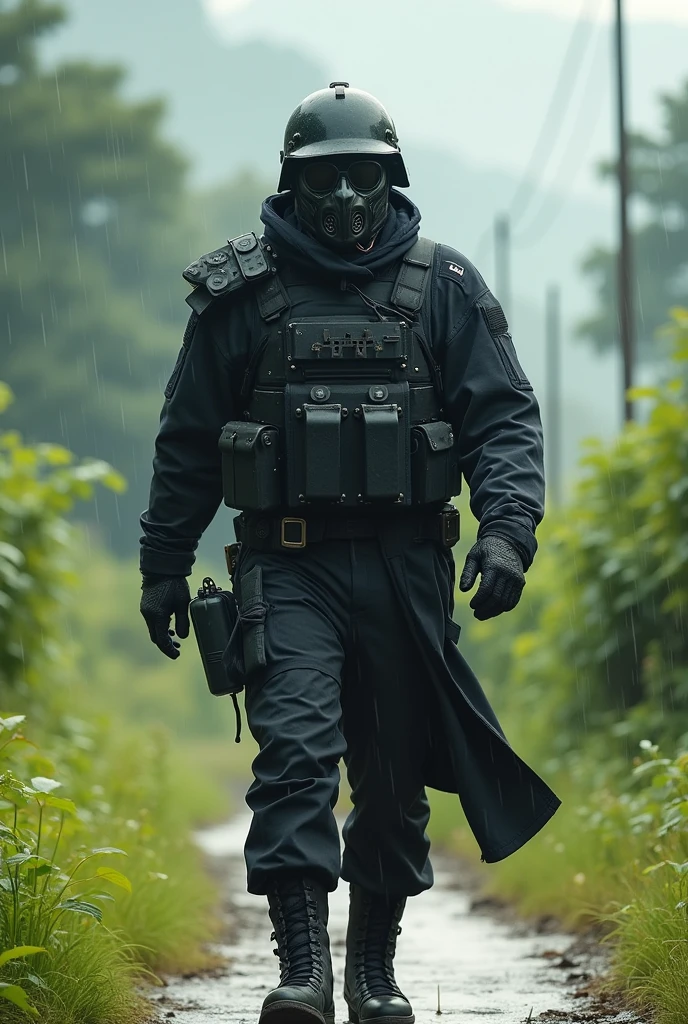 A man wearing a black cloth outfit, his face completely covered by an iron mask with glasses, wearing an M35 helmet, Wear a sun-protective jacket, Wear long gloves and 2cm heeled boots.
The scene is in the middle of Huong Que, the weather is sunny and light rain.