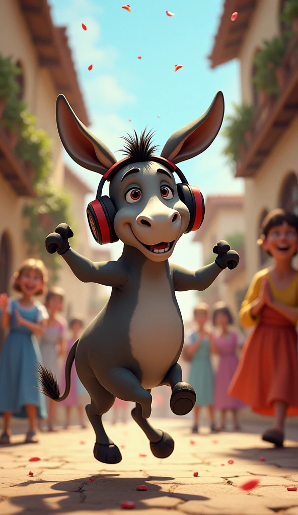 The donkey started dancing in Village with people around with the headphones.