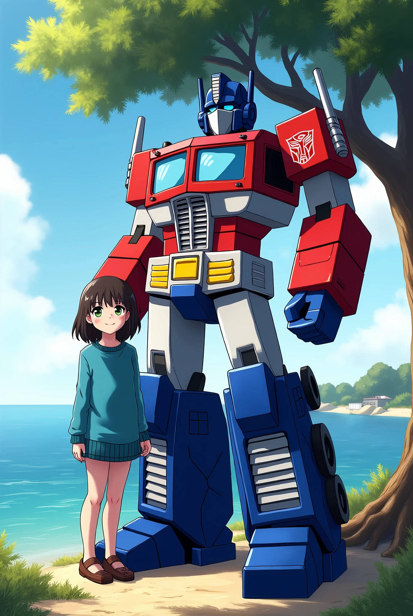 1girl, optimus prime and momoe sawaki, short hair, green eyes, blue sweater, transformers, anime, optimus prime, sea, tree, highly detailed, 4k, ultra-detailed, realistic, photorealistic, photo-realistic, masterpiece, hdr, vivid colors, studio lighting, physically-based rendering, professional