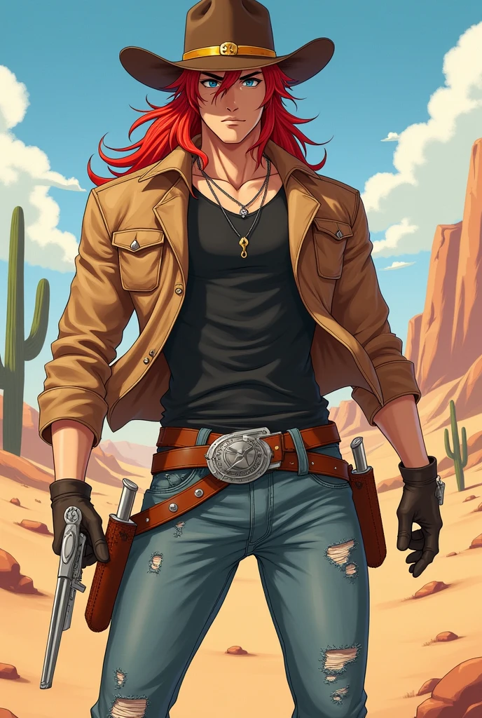 A male character in a dynamic pose with a style inspired by the Old West, mas com um toque moderno. He has long, loose, spiky red hair., wearing a brown cowboy hat with a gold buckle. His outfit consists of a light brown leather jacket, a fitted black shirt, ripped jeans and cowboy boots with silver accents. He carries several cowboy knives on his belt and has a leather belt with several small pouches.. The background will be a desert landscape with cacti in the distance., to complement the theme.
anime version