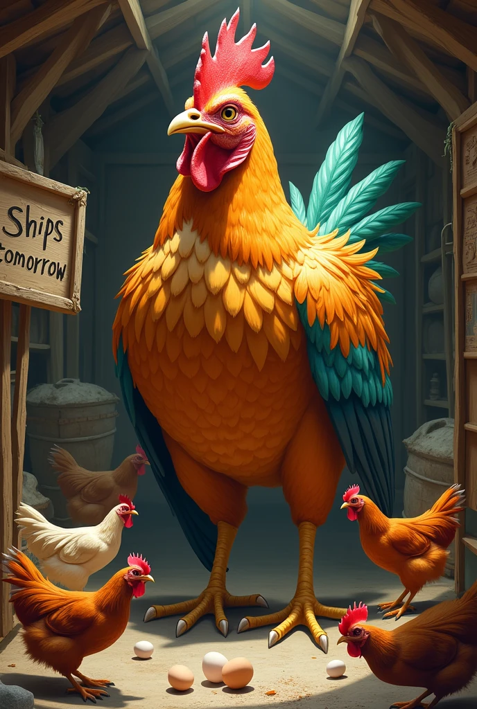 Chicken coop、A parody of a phoenix among many chickens, the only one as big as a chicken.、Eggs roll on the floor、「Ships tomorrow」Signboard