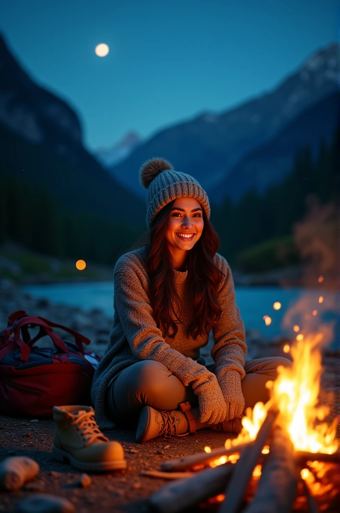 Shraddha Kapoor ((upper body selfie, happy)), masterpiece, best quality, ultra-detailed, solo, outdoors, (night), mountains, nature, (stars, moon) cheerful, happy, backpack, sleeping bag, camping stove, water bottle, mountain boots, gloves, sweater, hat, flashlight, forest, rocks, river, wood, smoke, shadows, contrast, clear sky, analog style (look at viewer:1.2) (skin texture) (film grain:1.3), (warm hue, warm tone:1.2), close up, cinematic light, sidelighting, ultra high res, best shadow, RAW, upper body, wearing pullover