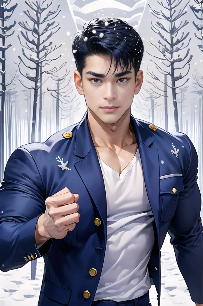 Handsome young man,(Thin mustache:0.8), alone, (ฺBuzz Cut:0.8), (Wear a navy blue jacket:1.2),Blue Jeans,(Wear a black watch.),Korean people,chest muscles,large arm muscles,blood vessel,big muscles,Broad shoulders,(Snow Forest:1.4),