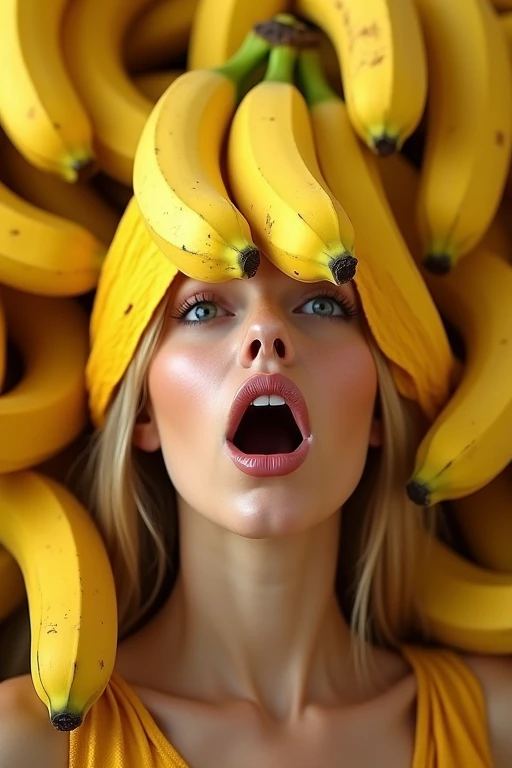 Real fruit banana、Covered from the head、Beautiful European woman with her mouth wide open。The background is full of bananas