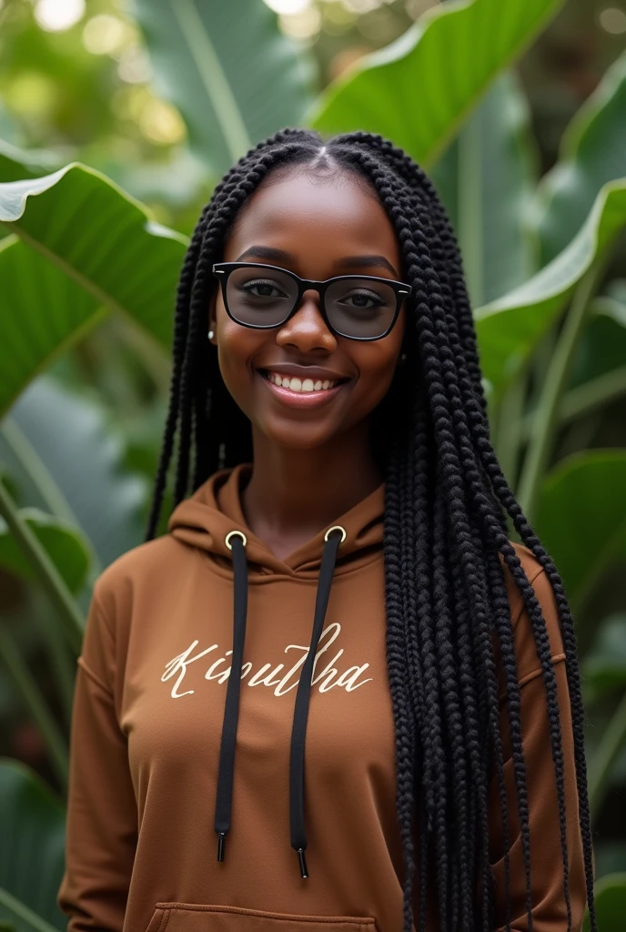 (photorealism:1.2), beautiful black African woman,22 years,baby face,sharp boobs, smiling,wearing a fitting brown hoodie written "KINUTHiA",long braids, black oversized round photo chromatic glasses with grey lenses, standing , realistic indetails,plants in background.North west inspiration