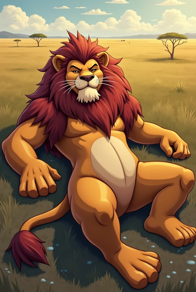 Detailed picture of a male anthro, (Lion, powerful body) streached at full length on he's back on the savanna, trending on Art Station, Ross Tran, ruan jia, foxovh, ((exhausted expression, get soaked, cartoon, composition from directly above