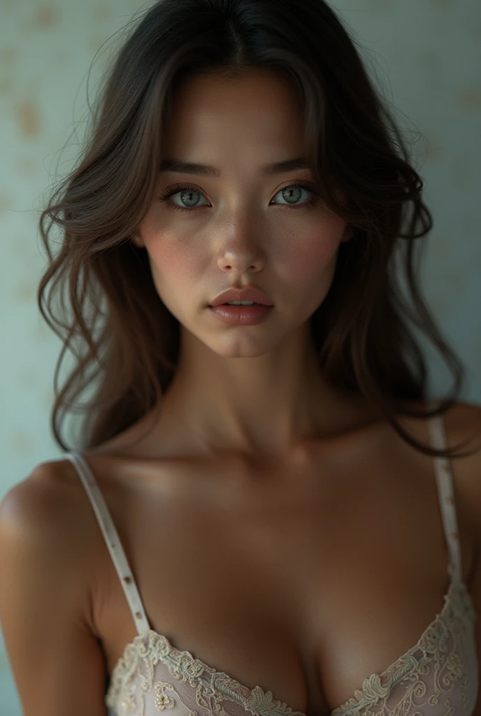masterpiece, best quality, (realistic, photo-realistic:1.4), (RAW photo:1.2), extremely detailed CG unity 8k wallpaper, an extremely delicate and beautiful, amazing, finely detail, official art, huge filesize, ultra-detailed, extremely detailed, beautiful detailed girl, extremely detailed eyes and face, beautiful detailed eyes, light on face, nsfw, (((dramatic lighting))), cute, looking at viewer, ((Huge breasts:1.5)), huge thighs, no bra, transparent uniform
