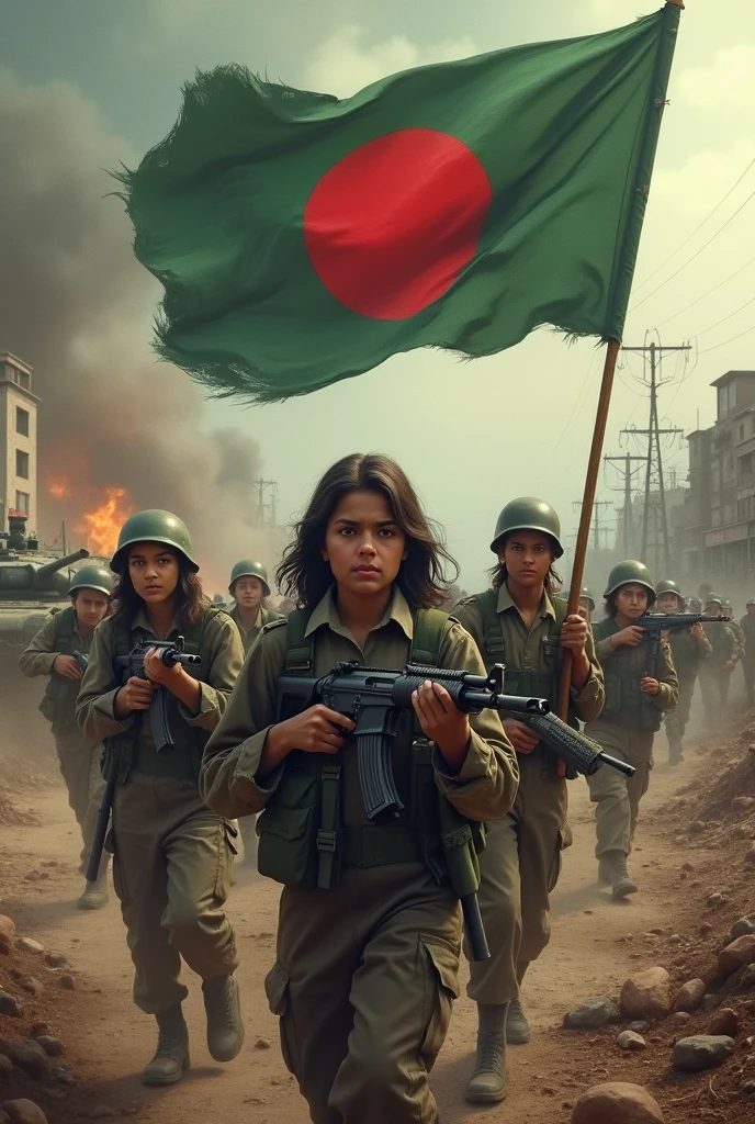 Bangladeshi students in the war with gun and tank with Bangladeshi flag