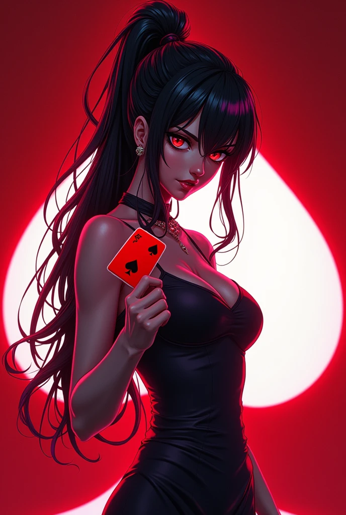 Can you make a realistic women fierce anime that is holding a spades card and is neon in shadow, put a white spades card in her background, and with red background.