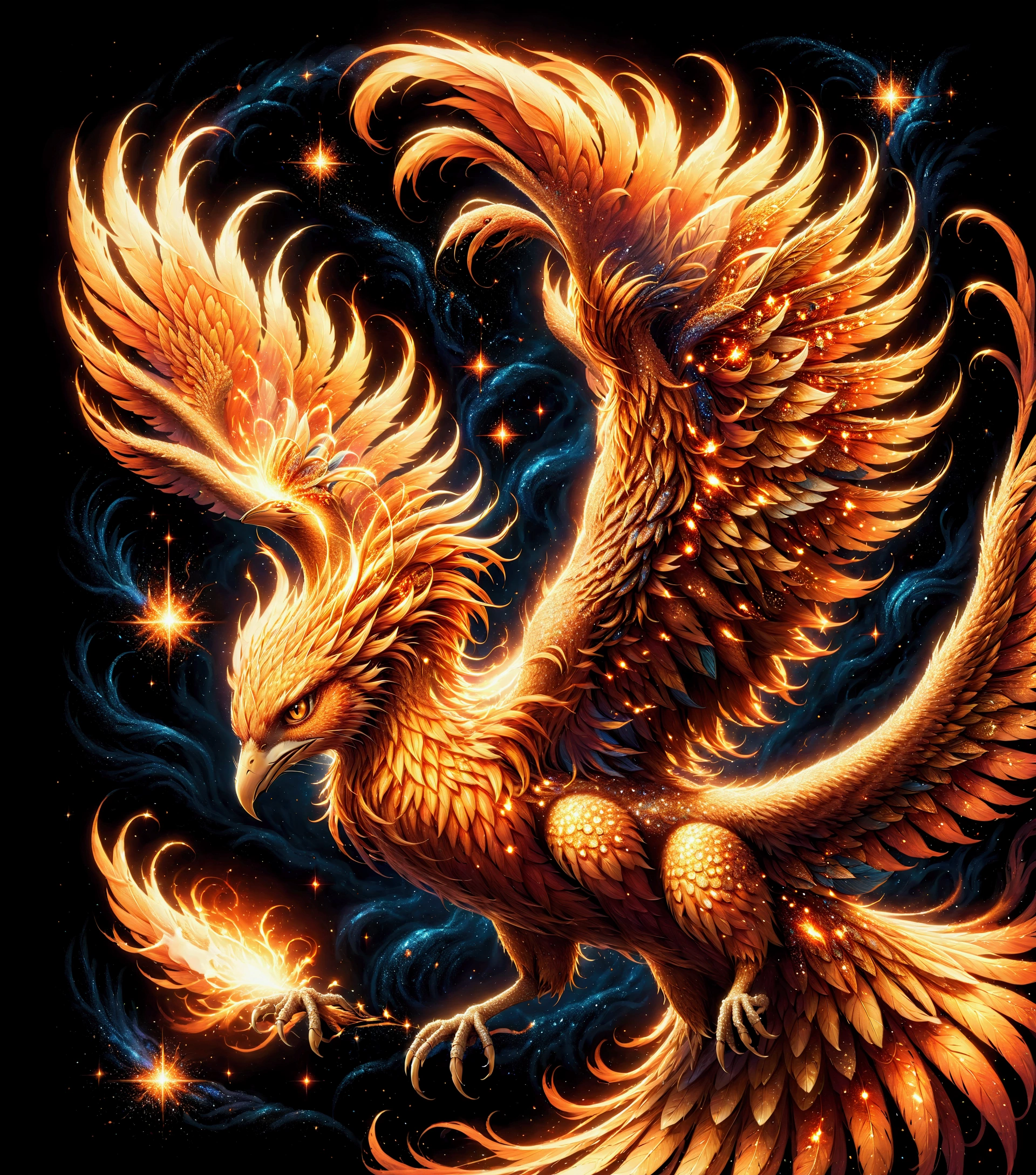 Illustration of a flaming phoenix flying through the night sky, burning phoenix, flying backwards scattering particles of flame, dark fantasy, high contrast, shimmering, shining, gracefully spreading wings, (mystical atmosphere), finely detailed phoenix wings, body outlined in red. painted in orange, Vivid contrast, accurate detail, high detail, shining contours, precision, high-quality oil painting, stunningly beautiful touch rendering, ral-glitter