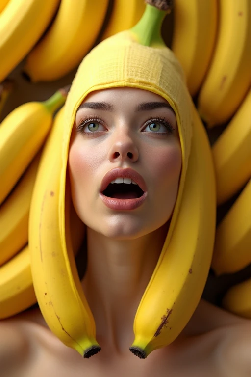 Real fruit banana、Covered from the head、Beautiful European woman with her mouth wide open。The background is full of bananas
