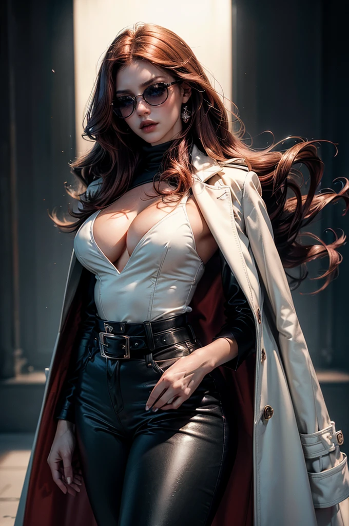 (cowboy shot), a beautiful young woman with long red hair, lora_Emma, ((black high waist leather pants)), ((formal white top with cleavage)), waist belt, ((a white fur coat)), reflective silk scarf, (red shaded sunglasses), (best quality,4k,8k,highres,masterpiece:1.2),ultra-detailed,(realistic,photorealistic,photo-realistic:1.37),detailed face, detailed eyes, detailed lips, long eyelashes, beauty, fashion, portrait, glamorous, elegant, studio lighting, dramatic lighting, high contrast, vivid colors, cinematic, ((coat on shoulders))