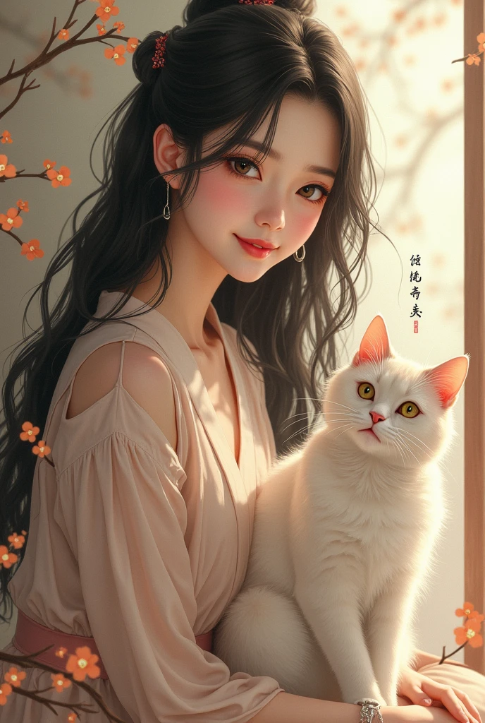 A smiling Japanese beauty sitting next to a beckoning cat
