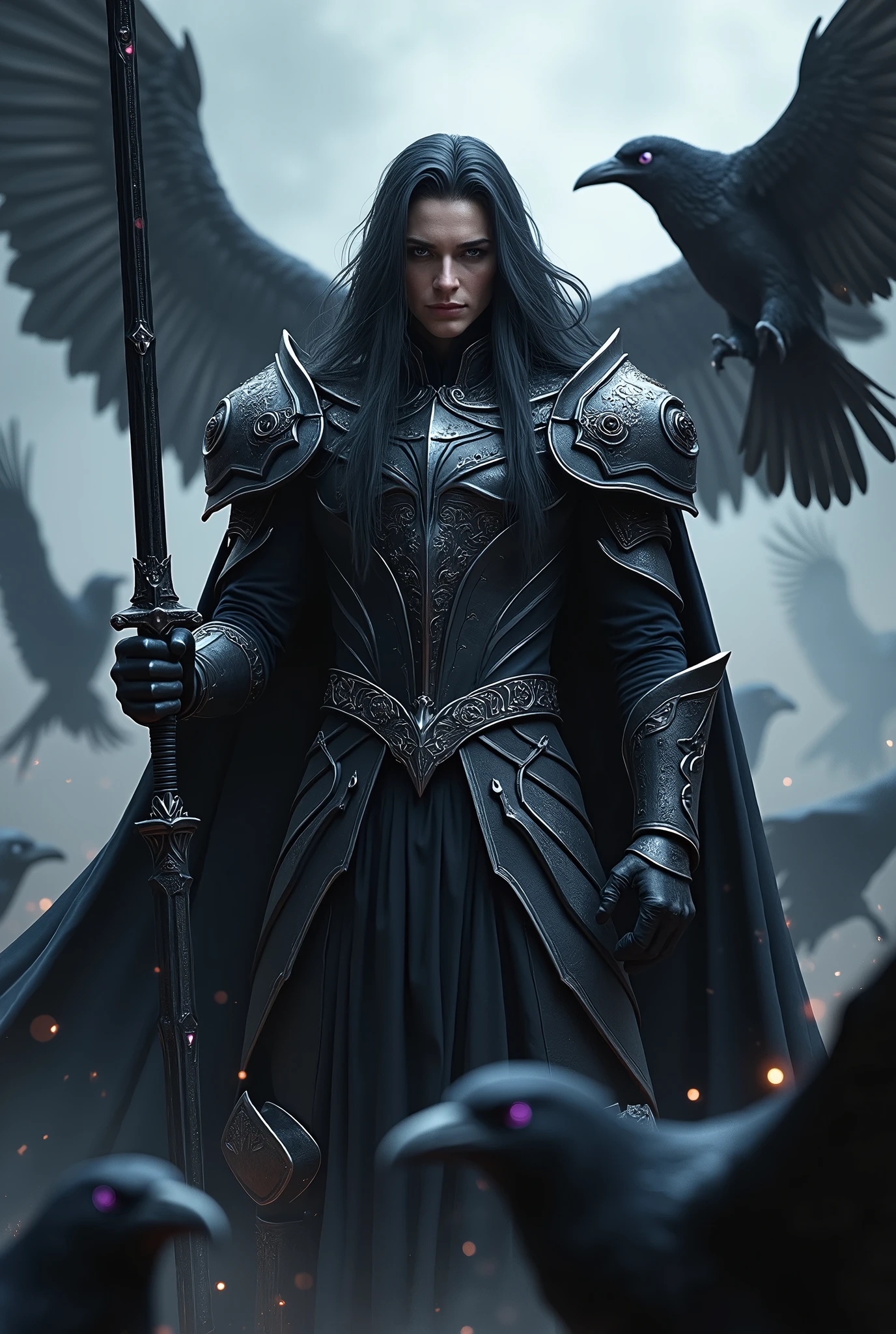 Dark hair, black armour with a cape and silver accents, purple eyes, black sword, surrounded by ravens