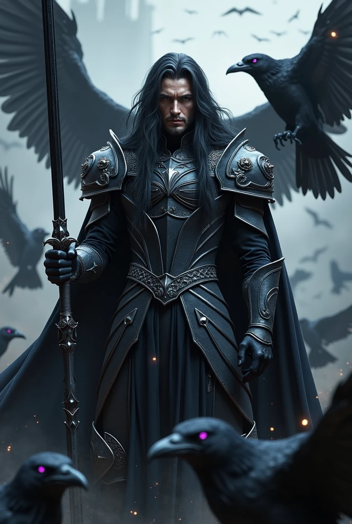 Dark hair, black armour with a cape and silver accents, purple eyes, black sword, surrounded by ravens