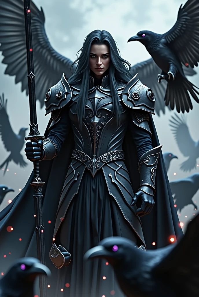 Dark hair, black armour with a cape and silver accents, purple eyes, black sword, surrounded by ravens