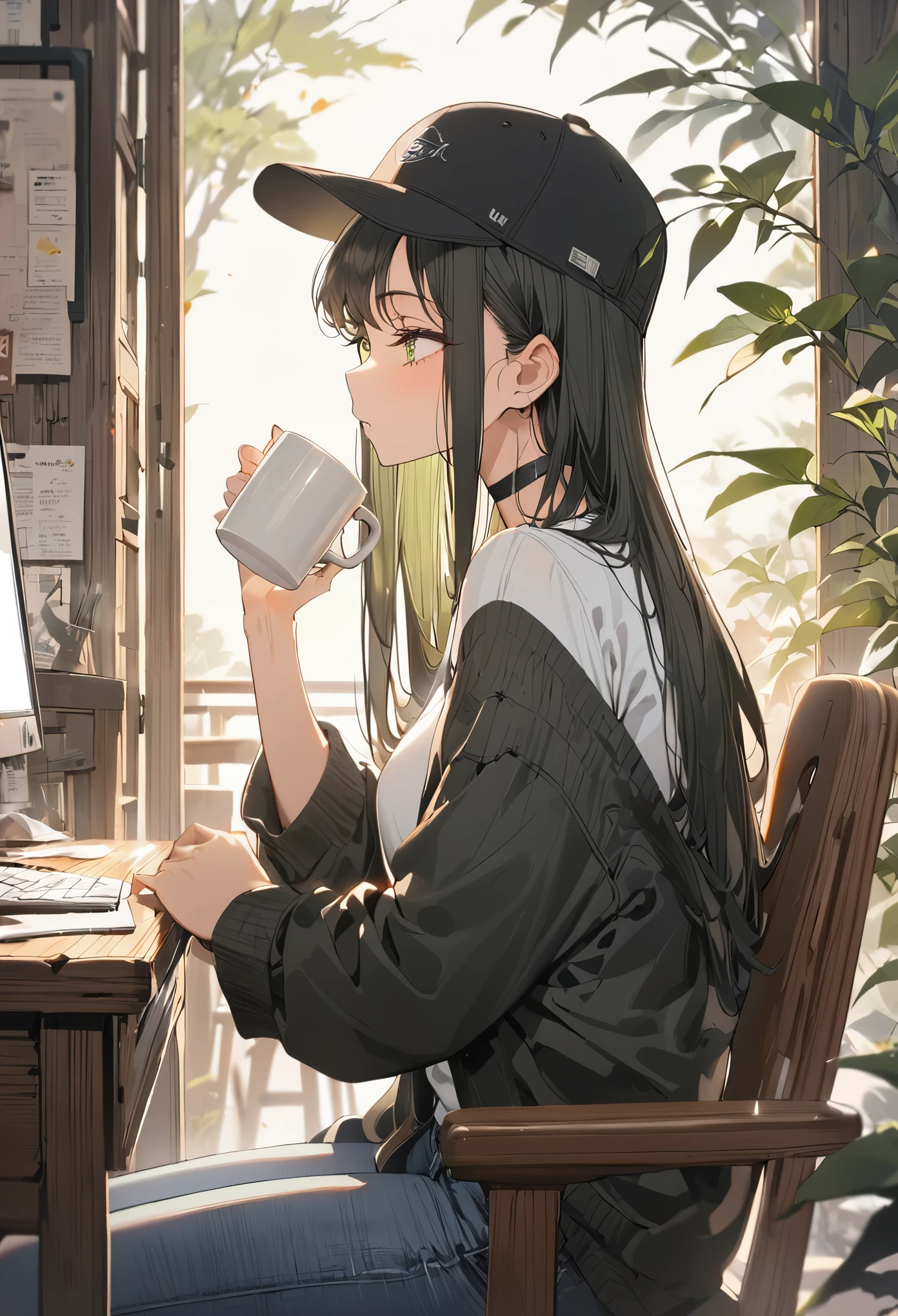 1girl,white shirts, black jacket, black hair,long hair, straight hair, black chocker,blue jeans, holding mug ,wooden desk, sitting chair,from side, looking away, black cap, green eyes, narrow eye,put your elbows on the desk, comfortable,masterpiece,best quality, ultra detail, beautiful eyes,perfect hand,