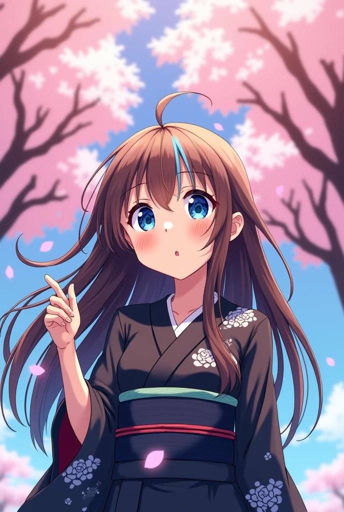 Create a Kimetsu no Yaiba animation style image of a girl with brown hair, long and blue tips with sakura tree background, amazed to learn something, She had a black kimono with cloud detailing and her eyes were blue. 
