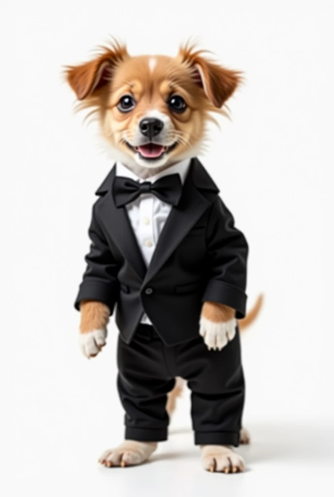 puppy in black tuxedo and black pants on white background