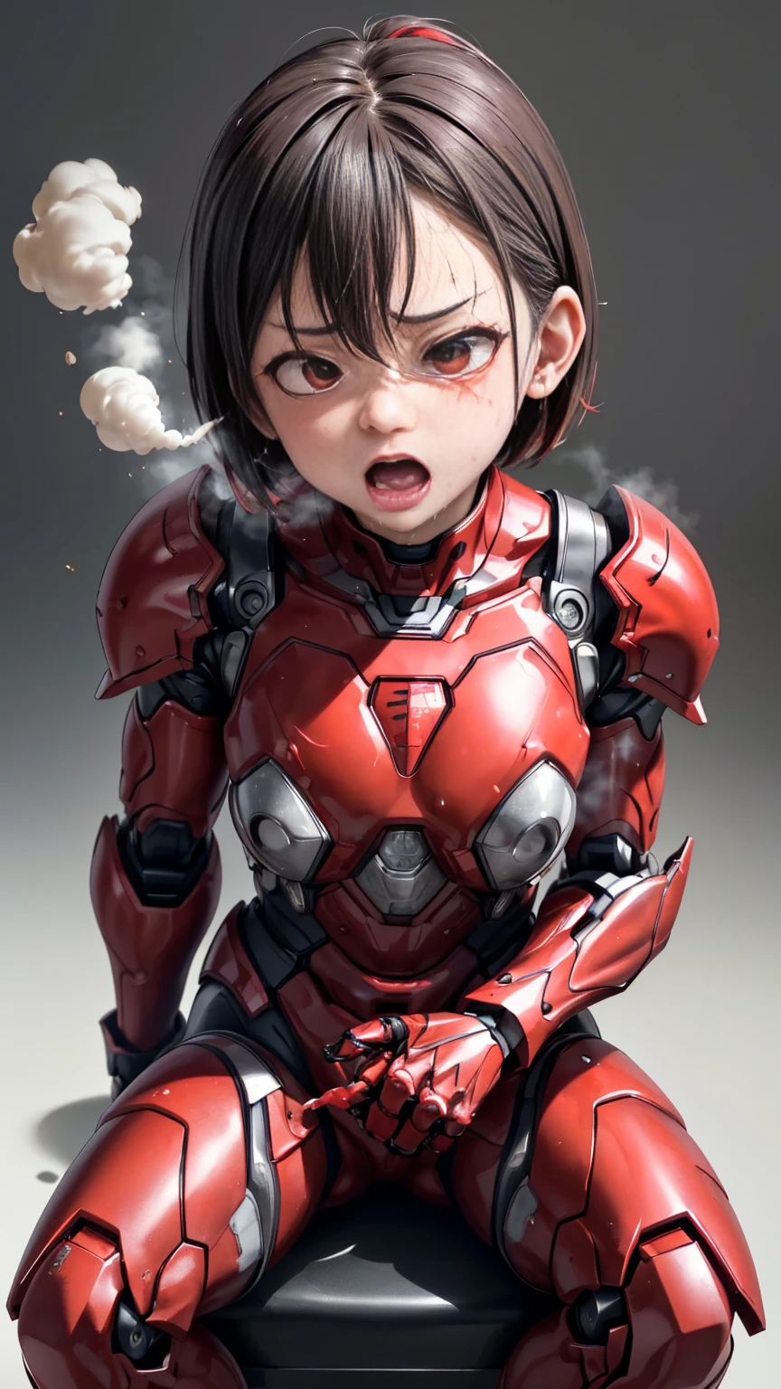 Rough skin, Very detailed, Advanced Details, high quality, 最high quality, High resolution, 1080P 、Bleeding from the wound、Red Armor、Wearing red and black、The weakest　((Serious damage to the whole body))(Wearing a damaged female robot suit...)(Red Armor)(Broken Armor)Black Hair、Cracked Glasses、Chiquita、Short Hair　Soaking wet、Open your mouth、Sweaty face、It hurts again、knock down、Droolinging from the mouth、Female college student　Cramp　(Steam coming out of the face) ((Steam from the body)) Sit on a chair　Touching the vagina　Drooling　look up　suffering　Behind the Scenes　Sweaty