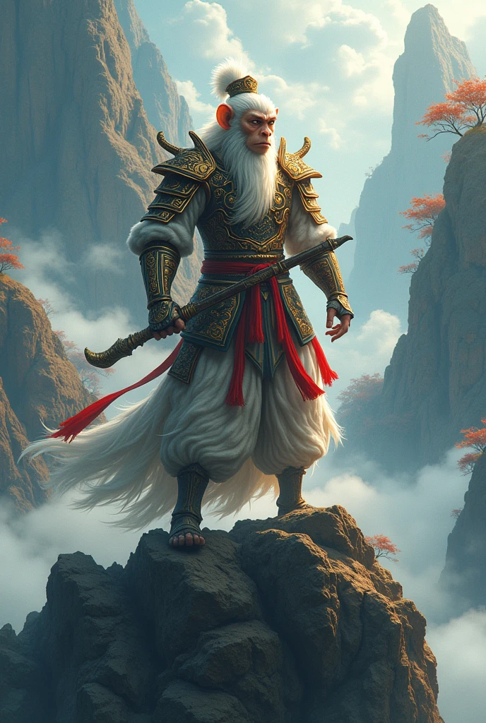 (Highest quality,Extremely detailed depiction,Incredible high resolution),Wukong,Monkey warrior,Chinese armor,Ruyi stick,pocket,wukong,Summit,background:Mysterious mountain,High quality anime drawings