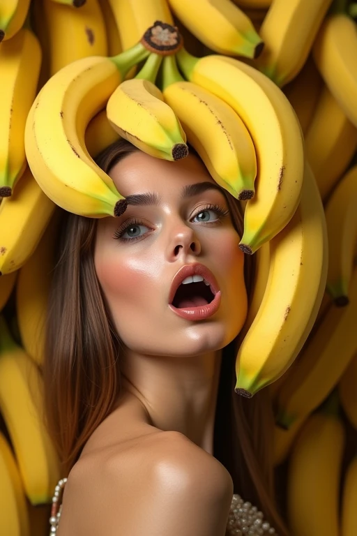 Real fruit banana、Covered from the head、Beautiful European woman with her mouth wide open。The background is full of bananas