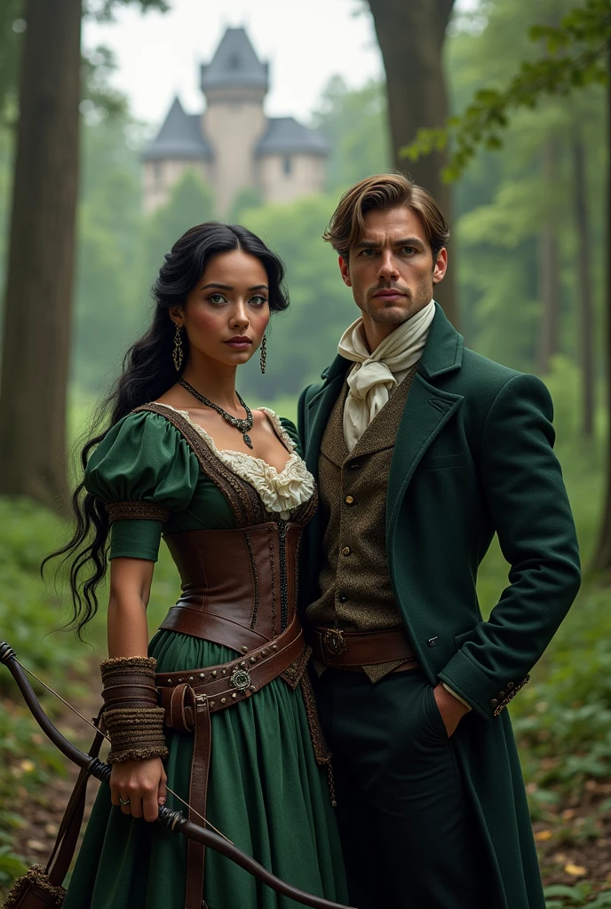 Beautiful woman with Apache and English descent, ( very realistic ) Victorian era black hair, Cinnamon skin and green eyes, perfect face and a body with perfect curves. Dressed in a Robin Hood costume like leather according to the Victorian era with her bow and arrow and behind her back a man dressed according to the Victorian era, extremely handsome and manly. ( very realistic) With milky white skin and light brown hair, blue eyes as clear as the sky in the background, a forest with a castle 