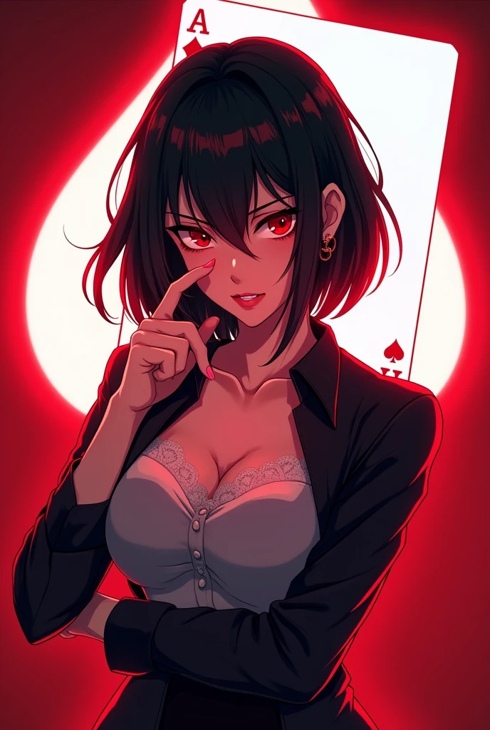 Can you make a realistic women fierce anime that is holding a spades card and is neon in shadow, put a white spades card in her background, and with red background. 