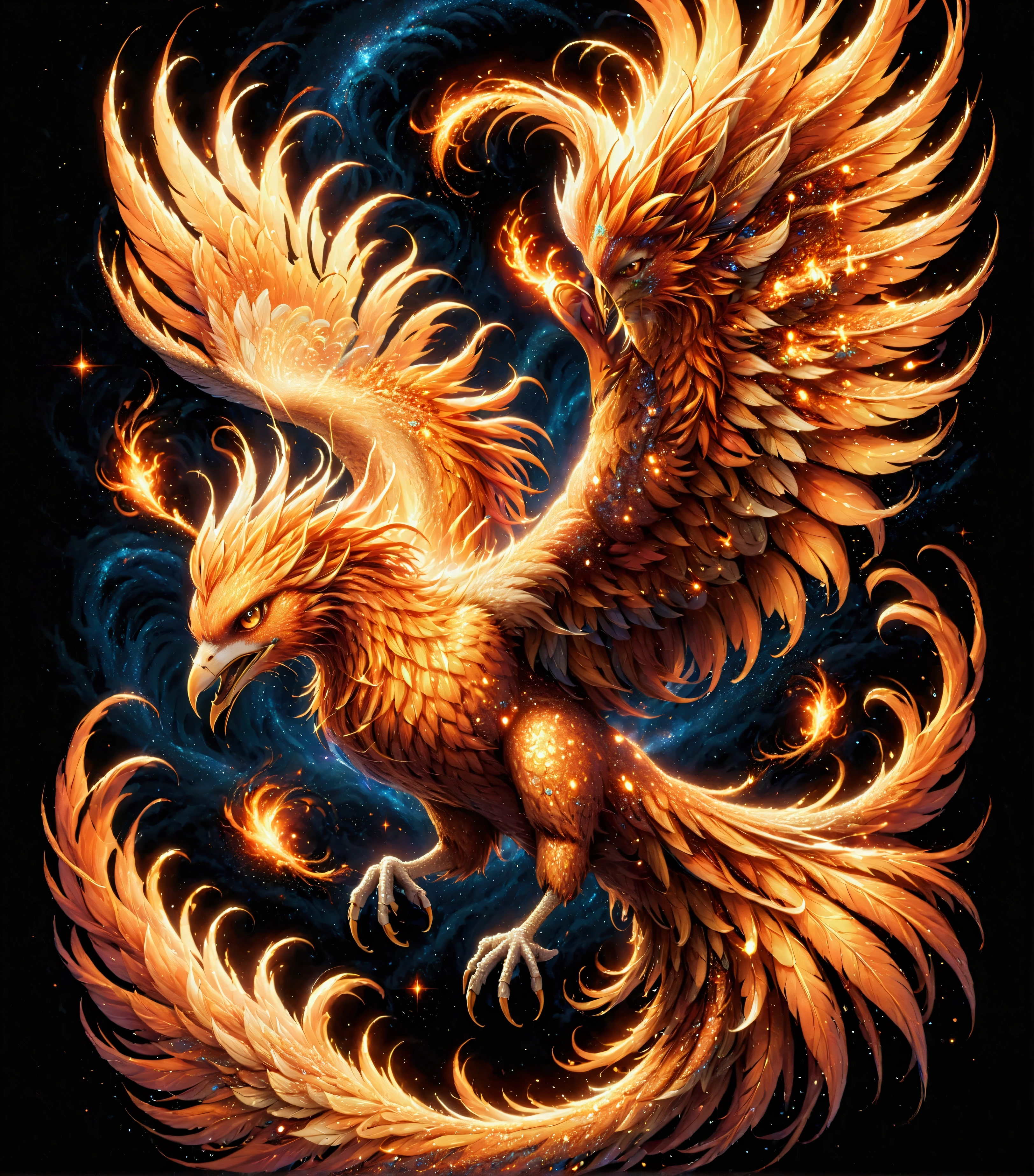 Illustration of a flaming phoenix flying through the night sky, burning phoenix, flying backwards scattering particles of flame, dark fantasy, high contrast, shimmering, shining, gracefully spreading wings, (mystical atmosphere), finely detailed phoenix wings, body outlined in red. painted in orange, Vivid contrast, accurate detail, high detail, shining contours, precision, high-quality oil painting, stunningly beautiful touch rendering, ral-glitter