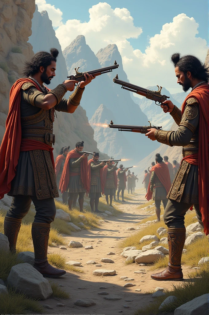 Firearms Experiment**: A scene depicting the experimental use of early firearms and gunpowder weapons by Kumbha’s troops.