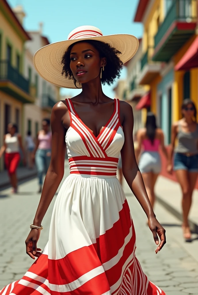 Black woman with white flared dress with red stripes and white hat with red stripes on the streets of Rio de Janeiro 