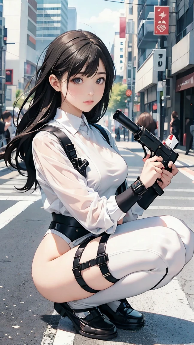 high resolution、High definition、High sensitivity、8k.Japanese、、1、cute、Idol face、Two Side Up Hair、slender、Mid-chest、(black and white high leg bodysuit:1.2)、See-through、Harness Belt、Gun Holder、(POLICE armband:1.3)、squat、(Hold a gun、Firing:1.3)、bustling street、